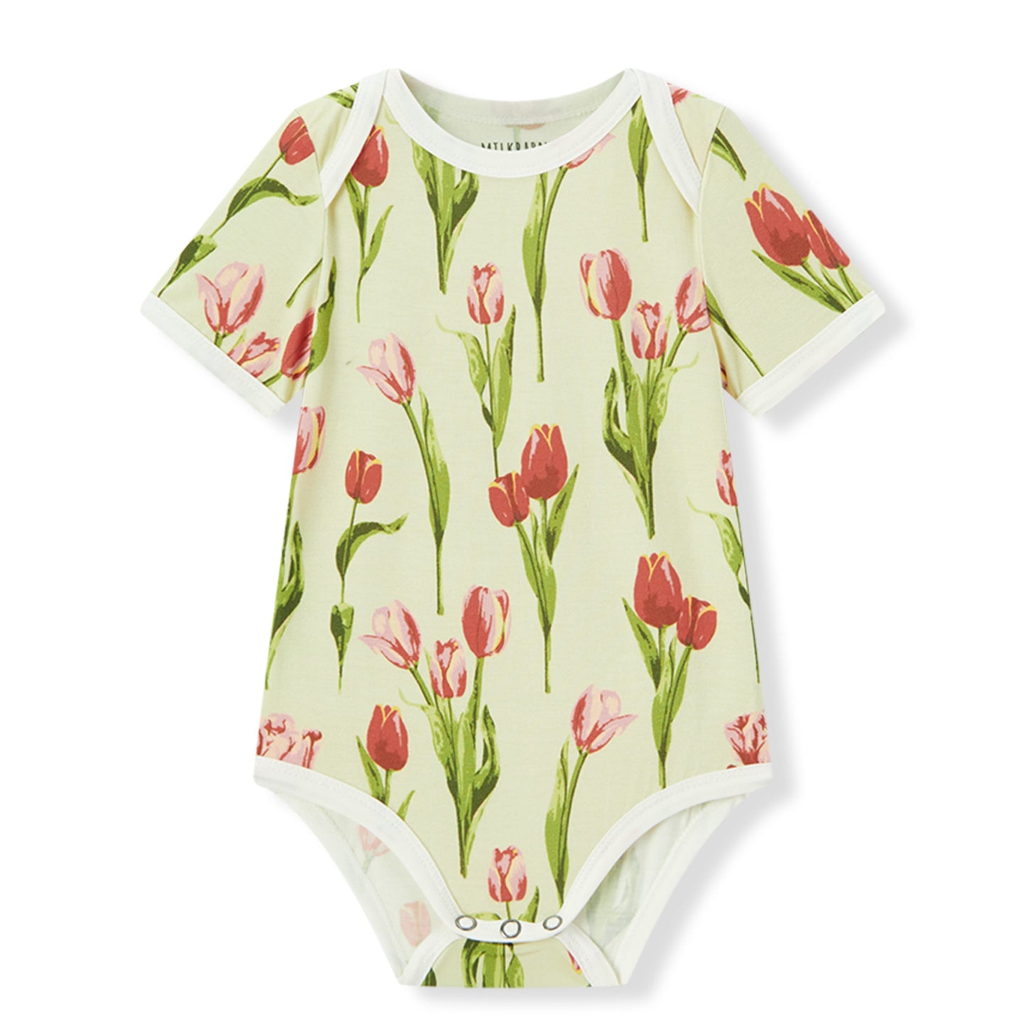 Milkbarn baby short sleeve one piece in light green and pink tulip floral print, soft and stretchy 95% viscose bamboo 5% spandex (Luxe Stretch) for infants and toddlers