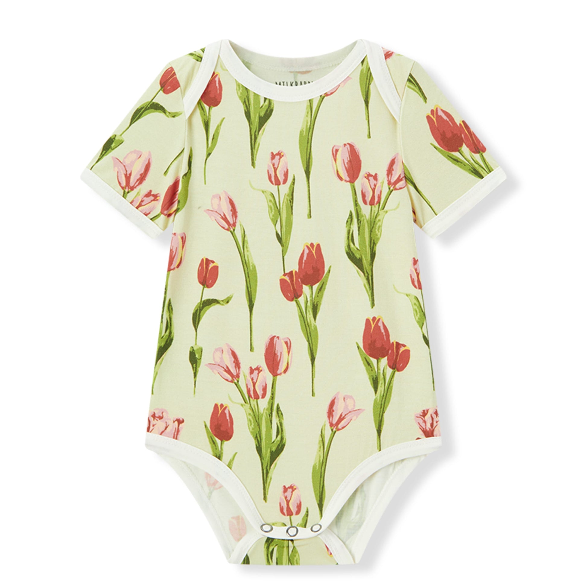 Milkbarn baby short sleeve one piece in light green and pink tulip floral print, soft and stretchy 95% viscose bamboo 5% spandex (Luxe Stretch) for infants and toddlers