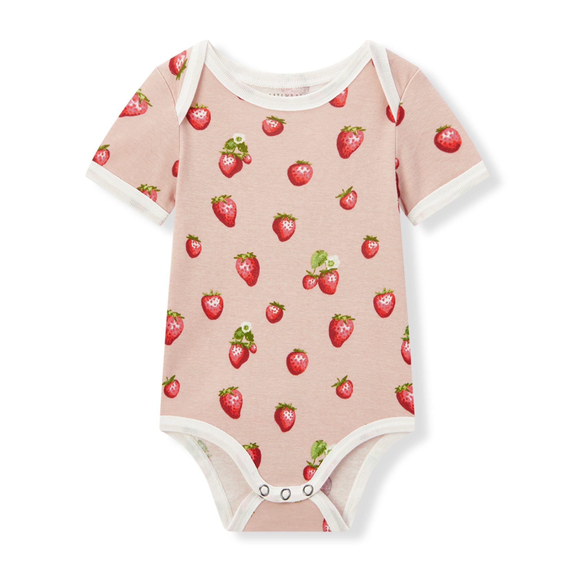 Milkbarn baby short sleeve one piece in pink and red strawberry print, made from 100% organic cotton for infants and toddlers