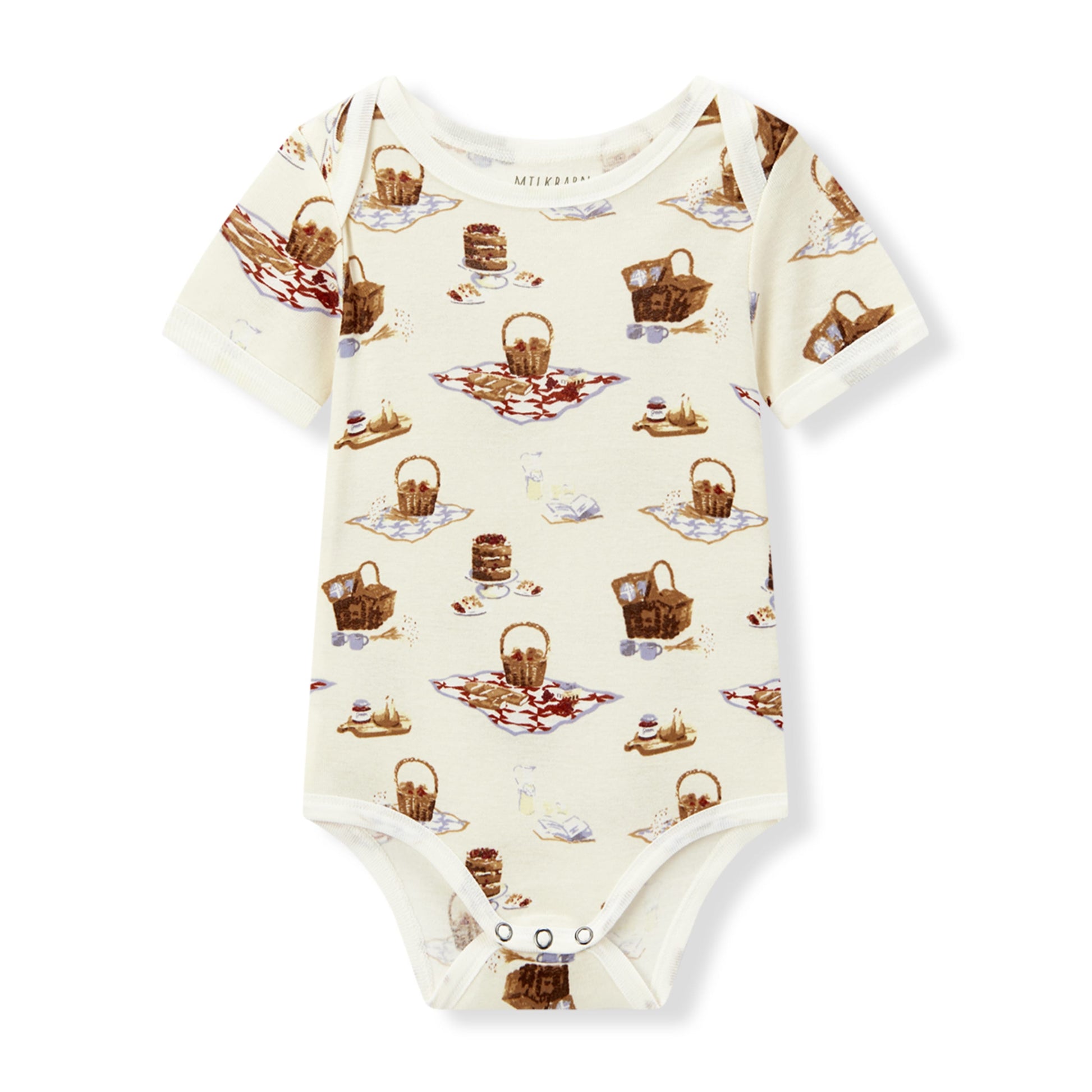 Milkbarn baby short sleeve one piece in white cream picnic print, made from 100% organic cotton for infants and toddlers