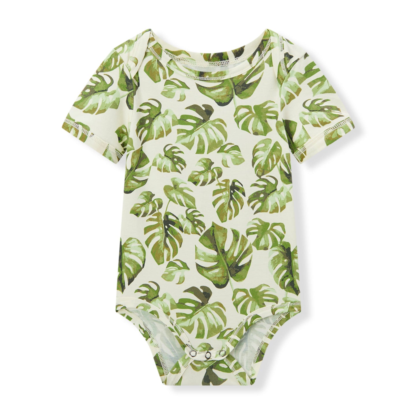 Milkbarn baby short sleeve one piece in white and green island leaf print, soft and stretchy 95% organic cotton 5% spandex (Cotton Stretch) for infants and toddlers