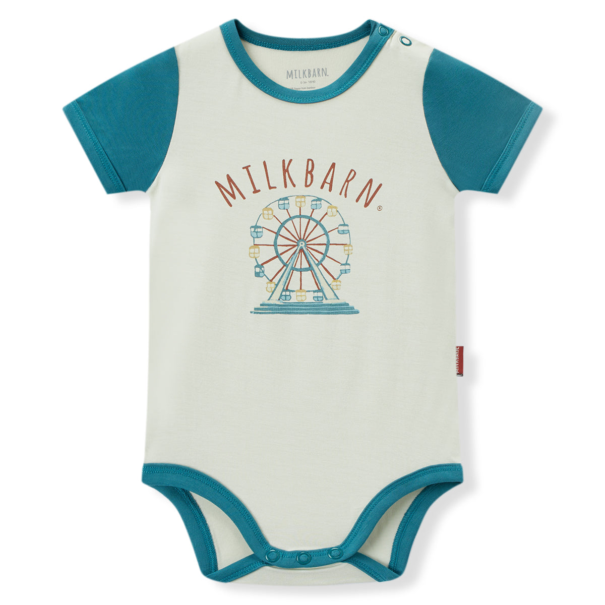 Milkbarn baby short sleeve sport one piece in white and blue ferris wheel print, soft and stretchy 95% viscose bamboo 5% spandex (Bamboo Stretch) for infants and toddlers