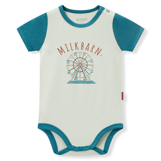 Milkbarn baby short sleeve sport one piece in white and blue ferris wheel print, soft and stretchy 95% viscose bamboo 5% spandex (Bamboo Stretch) for infants and toddlers