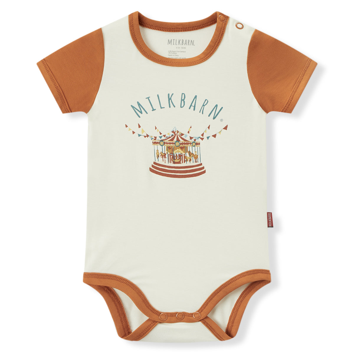 Milkbarn baby short sleeve sport one piece in white and orange carousel print, soft and stretchy 95% viscose bamboo 5% spandex (Bamboo Stretch) for infants and toddlers