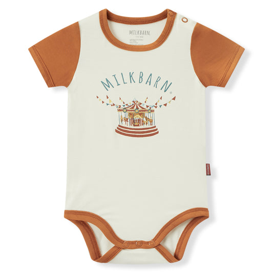 Milkbarn baby short sleeve sport one piece in white and orange carousel print, soft and stretchy 95% viscose bamboo 5% spandex (Bamboo Stretch) for infants and toddlers