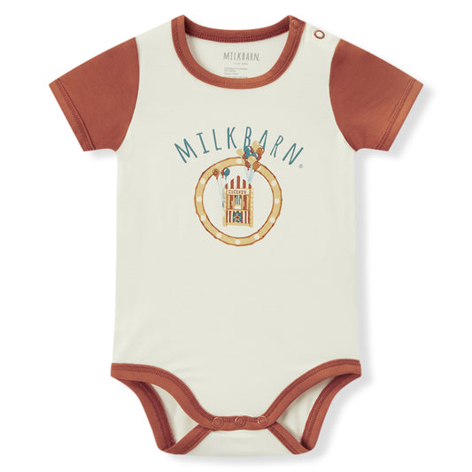 Milkbarn baby short sleeve sport one piece in white and red fair ticket booth print, soft and stretchy 95% viscose bamboo 5% spandex (Bamboo Stretch) for infants and toddlers