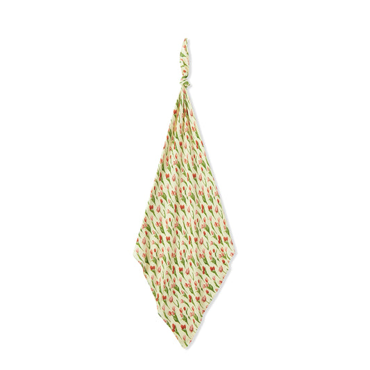 Milkbarn Tulip bamboo swaddle blanket in light green and pink, gentle bamboo and cotton swaddle for infants