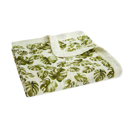 Milkbarn Island Leaf white and green big lovey blanket, soft bamboo and organic cotton comfort blanket for babies