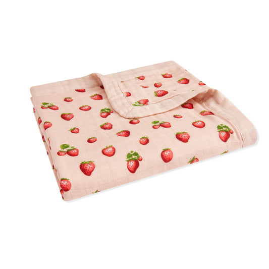 Milkbarn Strawberry pink and red big lovey blanket, soft bamboo and organic cotton baby comfort blanket