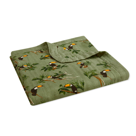 Milkbarn Toucan dark green big lovey blanket, breathable bamboo and organic cotton security blanket for infants