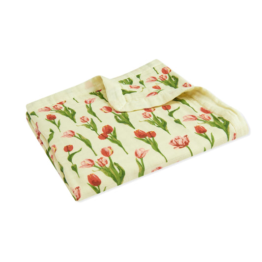Milkbarn Tulip light green and pink big lovey blanket, gentle bamboo and organic cotton security blanket for infants