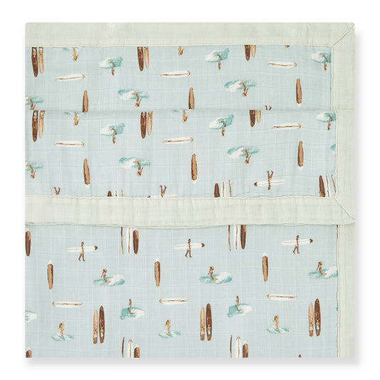 Milkbarn Vintage Surf light blue big lovey blanket, soothing bamboo and organic cotton baby blanket for sensitive skin