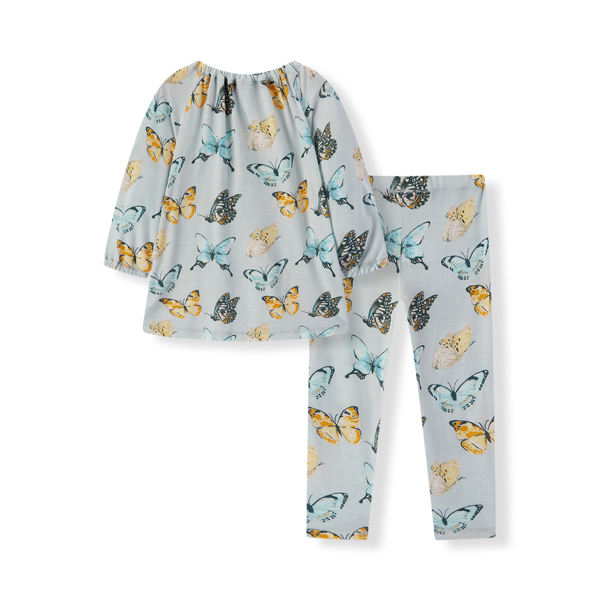Back view of Milkbarn Butterfly Bamboo Dress and Legging Set, breathable lightweight rayon from bamboo in blue with playful multicolor butterfly design, perfect for little girls