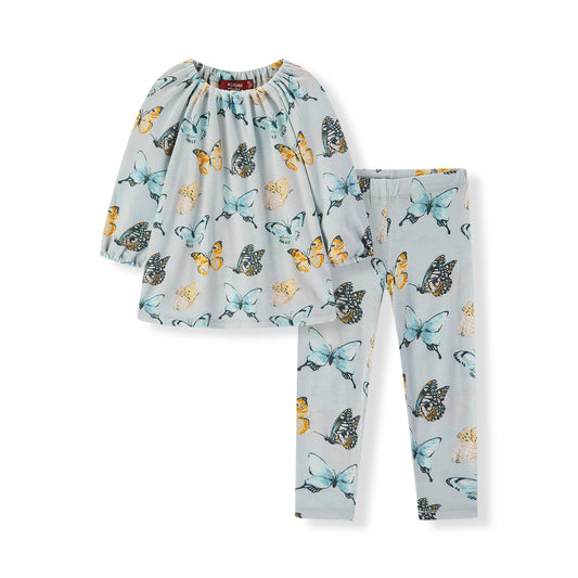 Milkbarn Butterfly Bamboo Dress and Legging Set for girls, front view of whimsical eco-friendly outfit in soft blue 100% rayon from bamboo with yellow, black, and light blue butterfly print