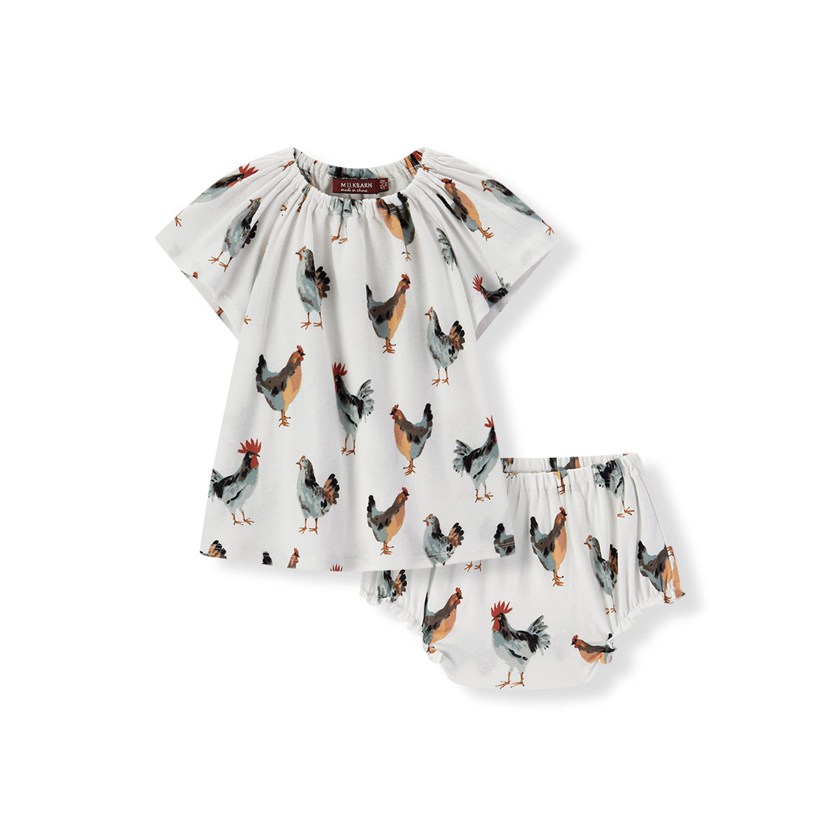 Milkbarn Chicken Organic Cotton Dress and Bloomer Set in white with playful chicken print, front view of girls' dress set