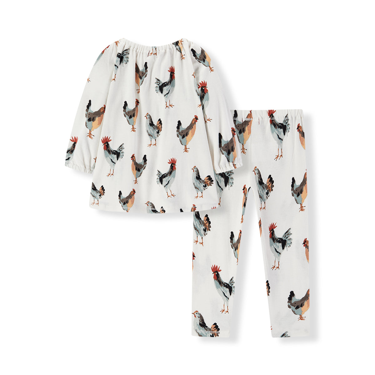 Back view of Milkbarn Chicken Organic Cotton Dress and Legging Set, soft sustainable outfit in white organic cotton with barnyard chicken and rooster print, perfect for everyday wear