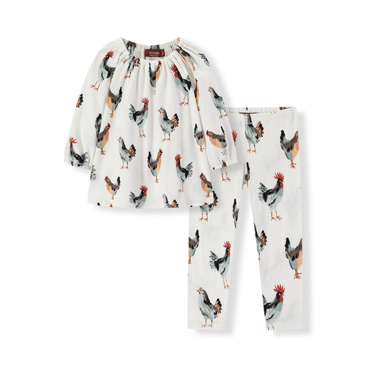 Milkbarn Chicken Organic Cotton Dress and Legging Set for girls, front view of playful farm-inspired outfit in white 100% organic cotton with whimsical chicken and rooster print