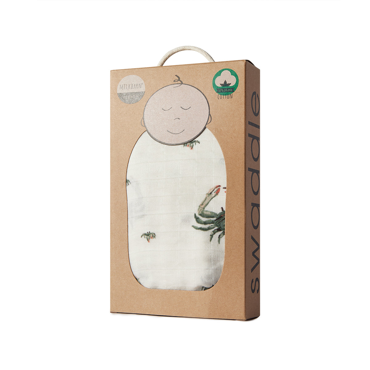 Milkbarn Coastal Crab Bamboo Muslin Swaddle Blanket in newborn gift box, white eco-friendly fabric with whimsical green and blue crab design, soft and durable