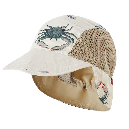 Milkbarn’s Coastal Crab Outdoor Explorer Hat featuring cheerful sea-green crabs on a natural base, front brim and back flap providing UPF 50+ protection