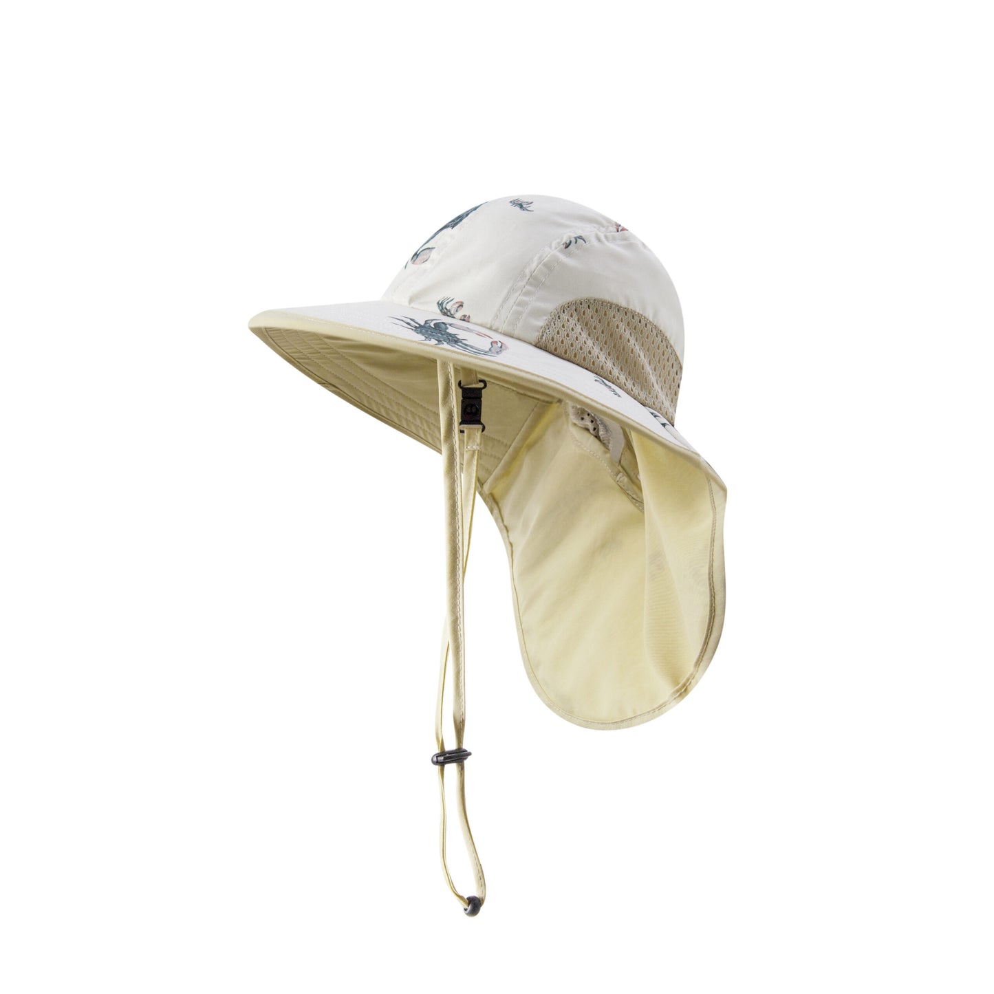 Milkbarn’s Coastal Crab Sun Safety Adjustable Play Hat featuring playful sea-green crabs on a neutral base, UPF 50+ polyester with extra-wide brim and neck coverage