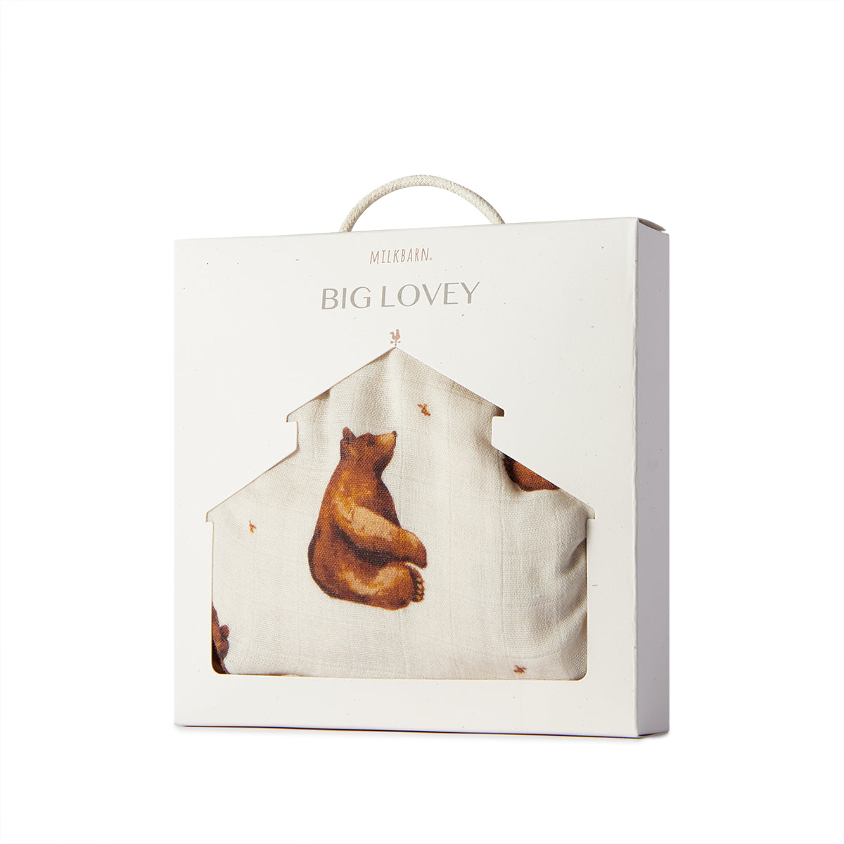 Milkbarn Honey Bear Double Sided Bamboo Big Lovey Blanket folded into box packaging, eco-friendly bamboo and cotton blend fabric with whimsical bear and honeybee design, soft and durable