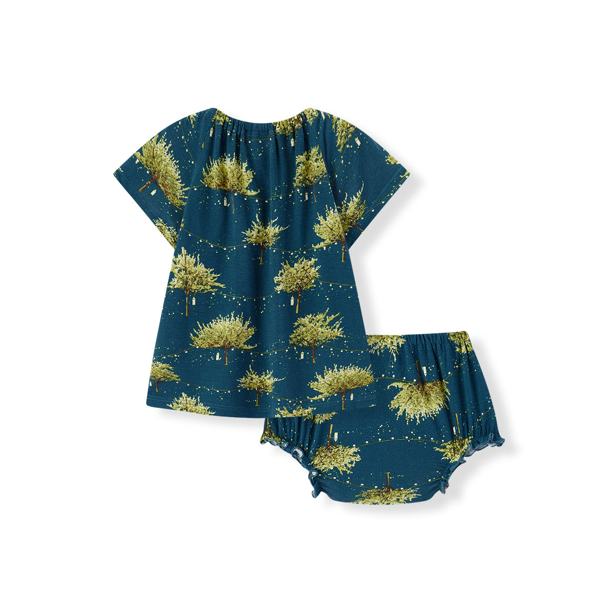 Back view of Milkbarn Firefly Bamboo Dress and Bloomer Set, soft rayon from bamboo fabric in dark blue with whimsical firefly lights, lanterns, and tree design