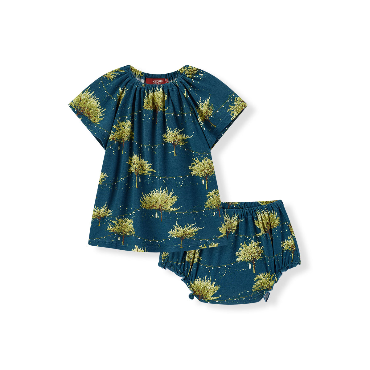 Milkbarn Firefly Bamboo Dress and Bloomer Set for girls, front view of eco-friendly outfit made from 100% rayon from bamboo in dark blue with glowing fireflies, lanterns, and trees print