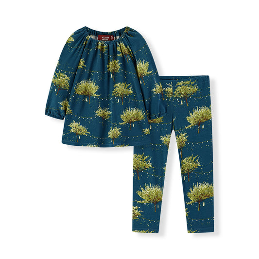 Milkbarn Firefly Bamboo Dress and Legging Set for girls, front view of whimsical eco-friendly outfit in dark blue 100% rayon from bamboo with light green trees and glowing firefly print