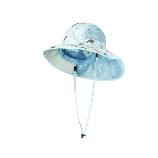 Milkbarn’s Goose Sun Safety Adjustable Play Hat with gentle white geese on a soft blue background, breathable UPF 50+ polyester and extended brim for full coverage