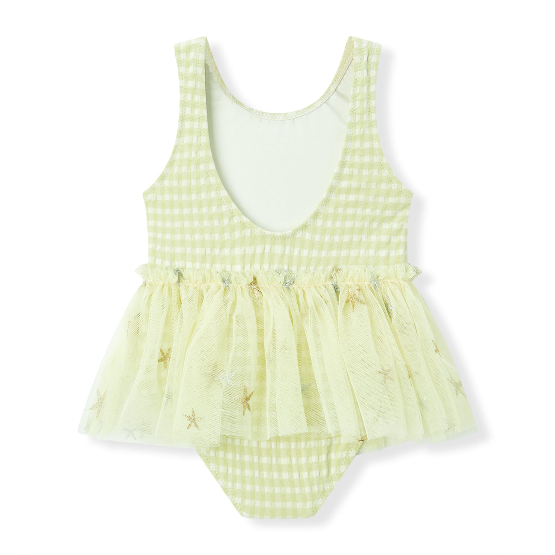 Back view of Milkbarn’s Green Gingham Ballet Skirt one piece Swimsuit showing delicate straps and gathered tutu skirt in a soft green check print