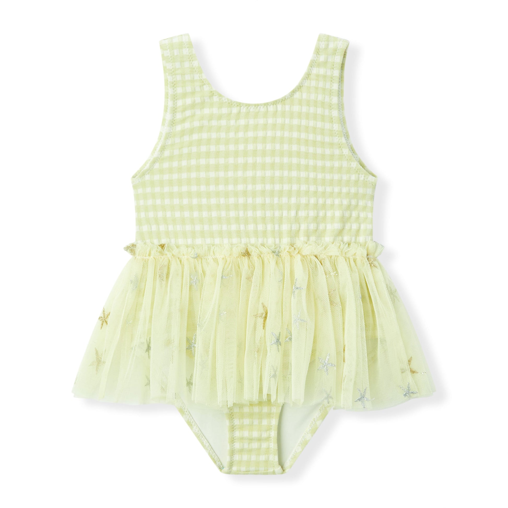 Baby girl one piece swimsuit in Milkbarn’s Green Gingham Ballet Skirt design, made of a soft nylon spandex blend with UPF 50+ protection and a sweet vintage check pattern