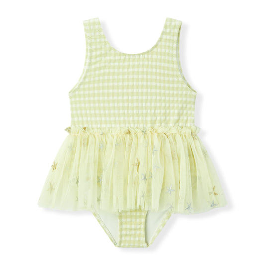 Baby girl one piece swimsuit in Milkbarn’s Green Gingham Ballet Skirt design, made of a soft nylon spandex blend with UPF 50+ protection and a sweet vintage check pattern