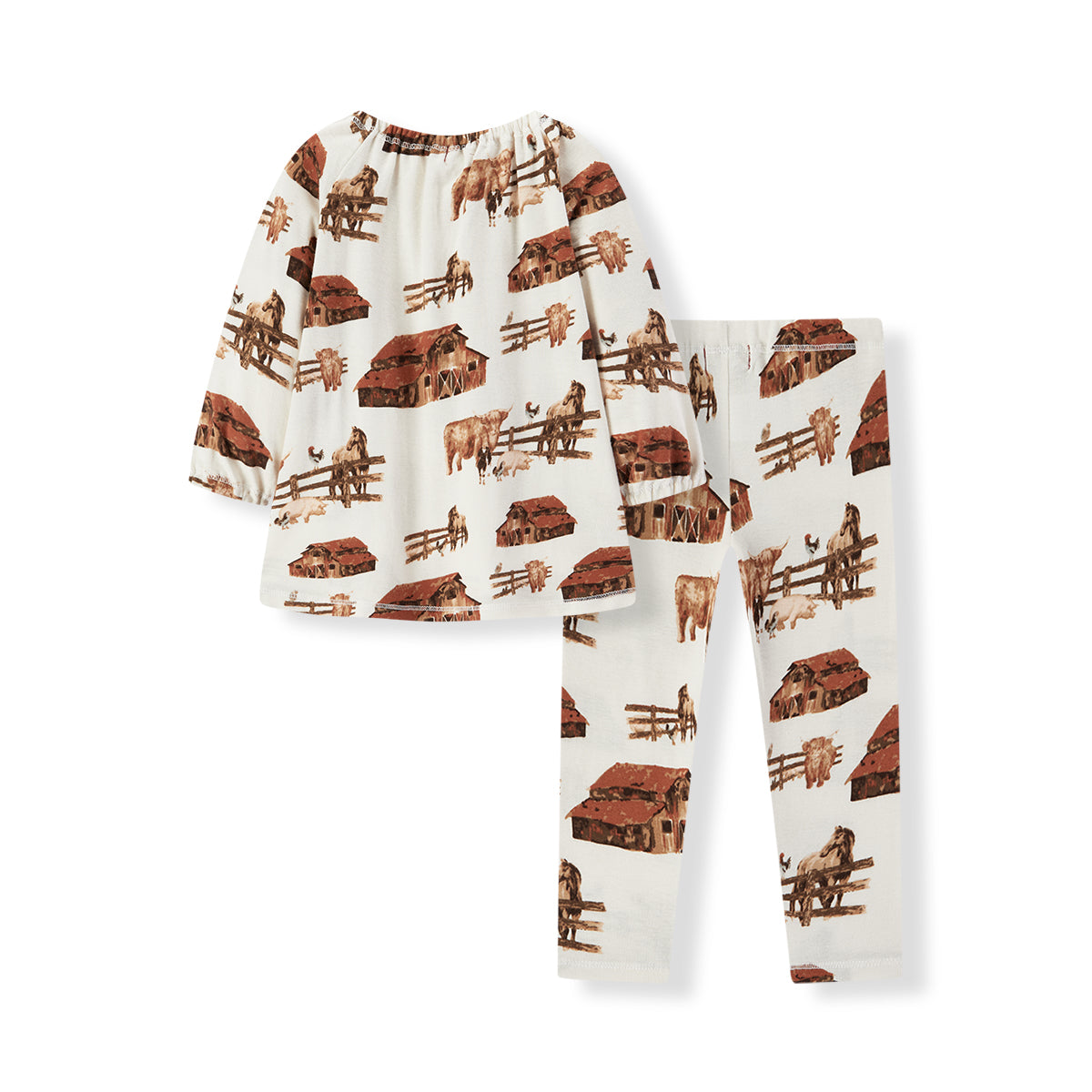 Back view of Milkbarn Homestead Organic Cotton Dress and Legging Set, soft sustainable white cotton with whimsical farm animal print featuring barn, horse, cow, chicken, and pigs, perfect for little girls