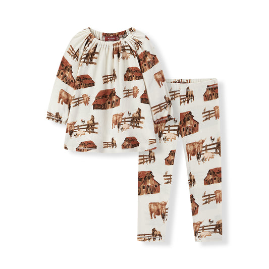 Milkbarn Homestead Organic Cotton Dress and Legging Set for girls, front view of playful farm-inspired outfit in white 100% certified organic cotton with barn, horse, cow, chicken, and pig print