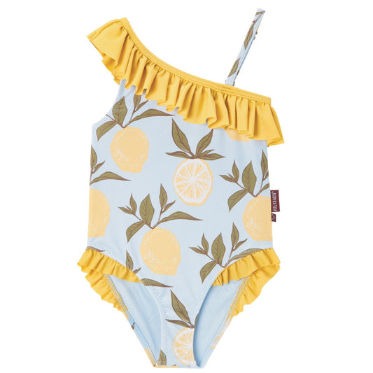 Milkbarn’s Lemon Off Shoulder One Piece Swimsuit with bright yellow lemons on a pale background, featuring UPF 50+ nylon spandex and playful ruffle detail on one shoulder