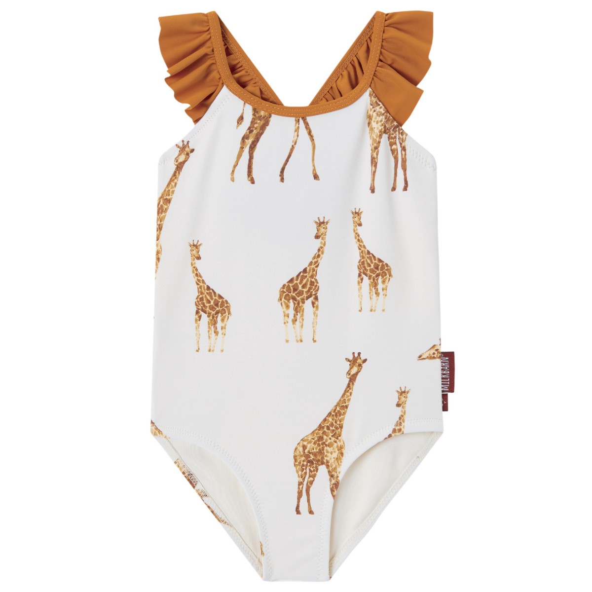 Front view of Milkbarn’s Orange Giraffe Ruffled Cross Back Swimsuit featuring a playful giraffe print in warm orange tones with UPF 50+ nylon spandex comfort
