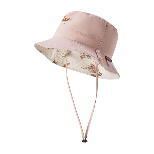 Milkbarn’s Peach Sun Bucket Play Hat showing the soft pink reversible side with adjustable chin strap, made from breathable UPF 50+ fabric for sunny days