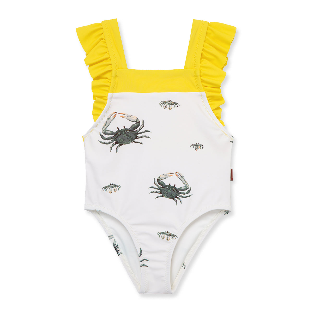 Milkbarn Coastal Crab ruffle square-neck swimsuit with sea-green crabs on white, UPF 50+ sun protection and soft nylon-spandex comfort for beach play.