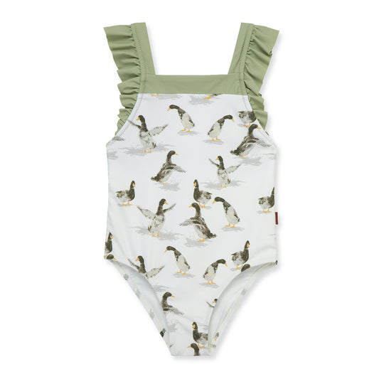 Milkbarn Duck ruffle square-neck swimsuit for babies and toddlers featuring cheerful duck print, UPF 50+ nylon-spandex blend for sunny swim adventures.
