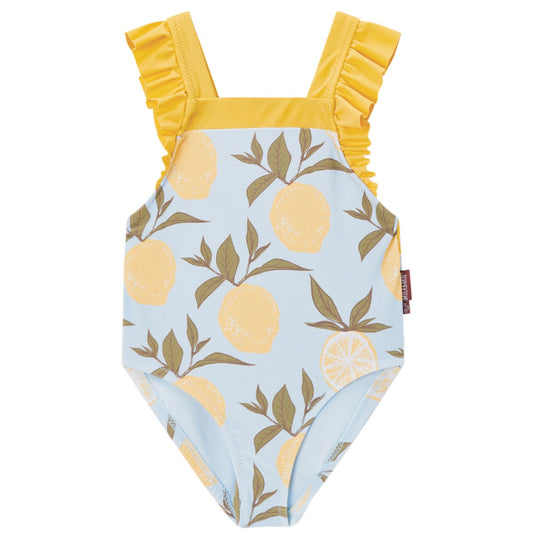 Milkbarn Lemon ruffle square-neck swimsuit for baby girls with bright yellow lemons, UPF 50+ sun protection and gentle stretch for playful summer days.