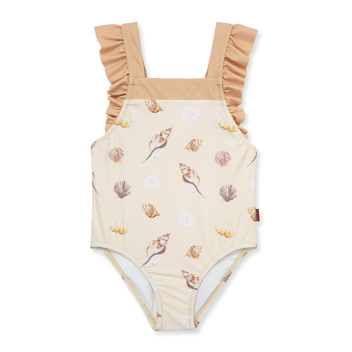 Milkbarn Seashells ruffle square-neck swimsuit for baby girls in soft pink with delicate shells, UPF 50+ stretch fabric for gentle all-day comfort.