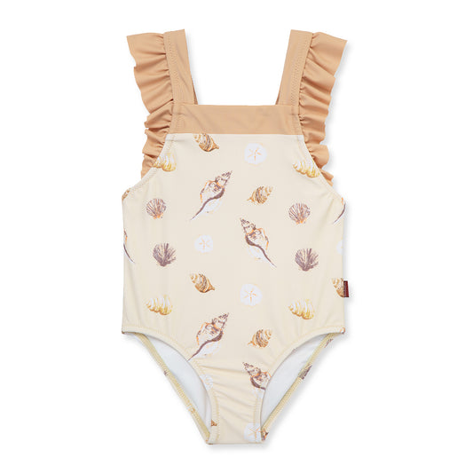 Milkbarn Seashells ruffle square-neck swimsuit for baby girls in soft pink with delicate shells, UPF 50+ stretch fabric for gentle all-day comfort.