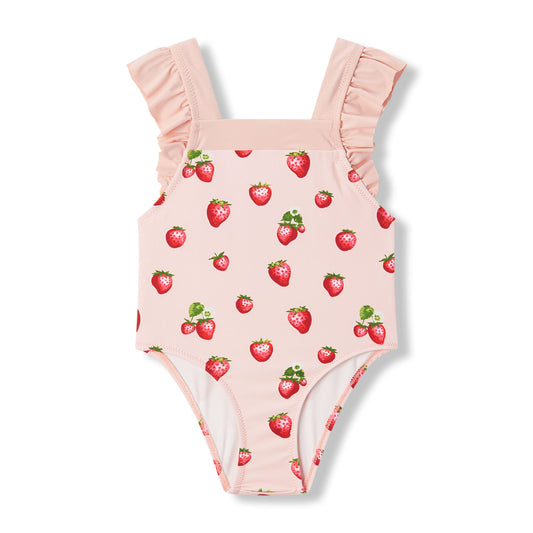 Milkbarn Strawberry ruffle square-neck swimsuit for baby girls with sweet berry print, UPF 50+ nylon-spandex blend for playful pool and beach time.