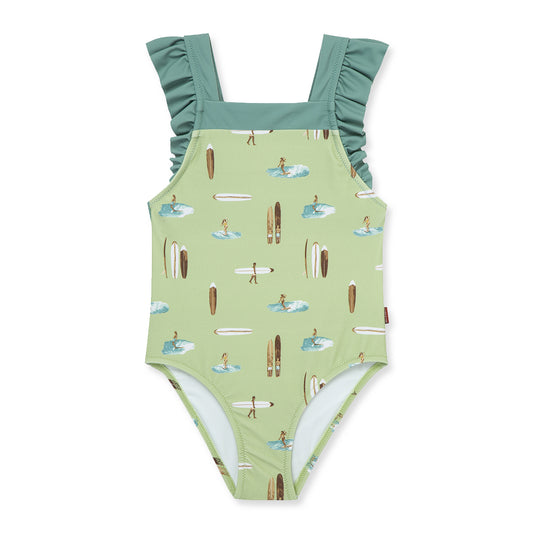 Milkbarn Summer Surf ruffle square-neck swimsuit with surfer design, UPF 50+ protection and soft stretch comfort for active beach and pool days.