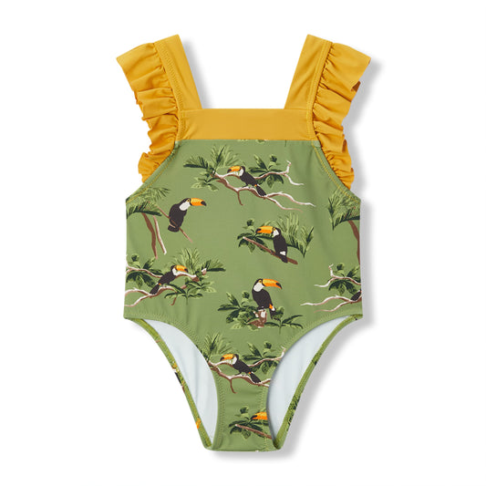 Milkbarn Toucan ruffle square-neck swimsuit for baby and toddler girls, tropical bird print on dark green and yellow top, UPF 50+ stretch nylon blend for summer fun.