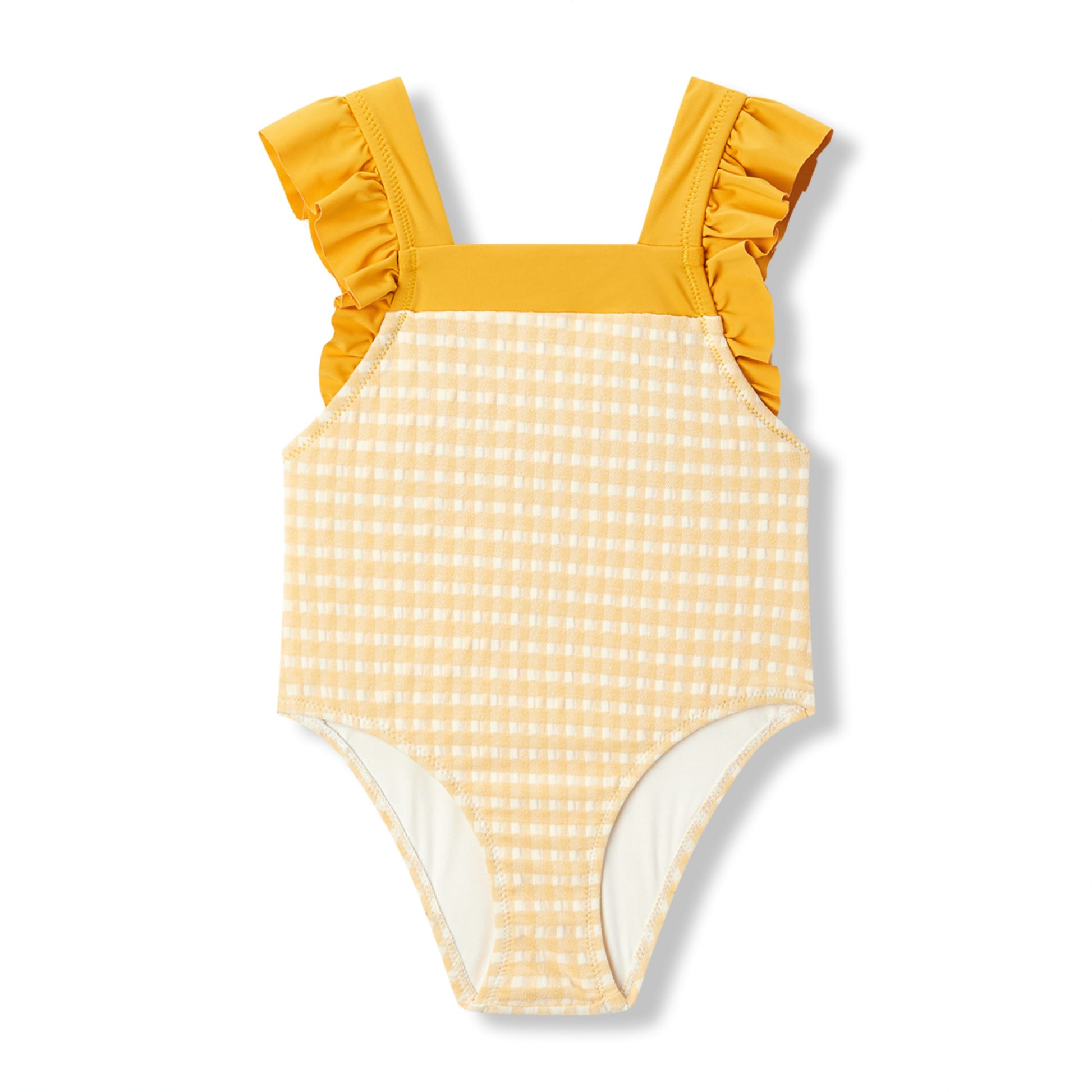 Milkbarn Yellow Gingham ruffle square-neck swimsuit for toddlers and baby girls, cheerful yellow checks, UPF 50+ sun protection and soft stretch comfort.