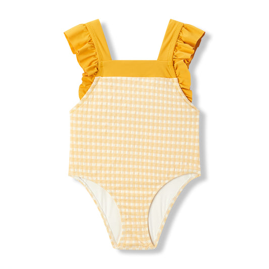 Milkbarn Yellow Gingham ruffle square-neck swimsuit for toddlers and baby girls, cheerful yellow checks, UPF 50+ sun protection and soft stretch comfort.
