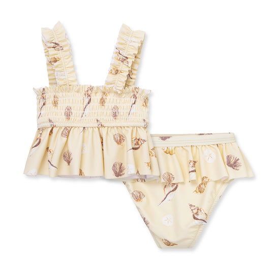 Milkbarn Seashells ruffle two-piece swimsuit for baby girls with pink seashell print, UPF 50+ sun protection, fade-resistant and quick-drying fabric.