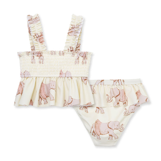 Milkbarn Tutu Elephant ruffle two-piece swimsuit in cream with adorable elephants, UPF 50+ sun protection and fade-resistant comfort for little swimmers.