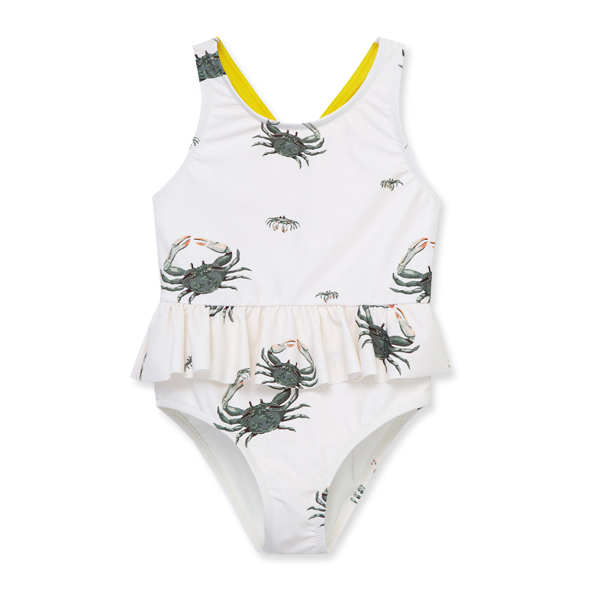 Milkbarn Coastal Crab ruffle waist cross-back swimsuit for baby girls, blue and green crabs on white, UPF 50+ stretch nylon blend for sunny beach days.